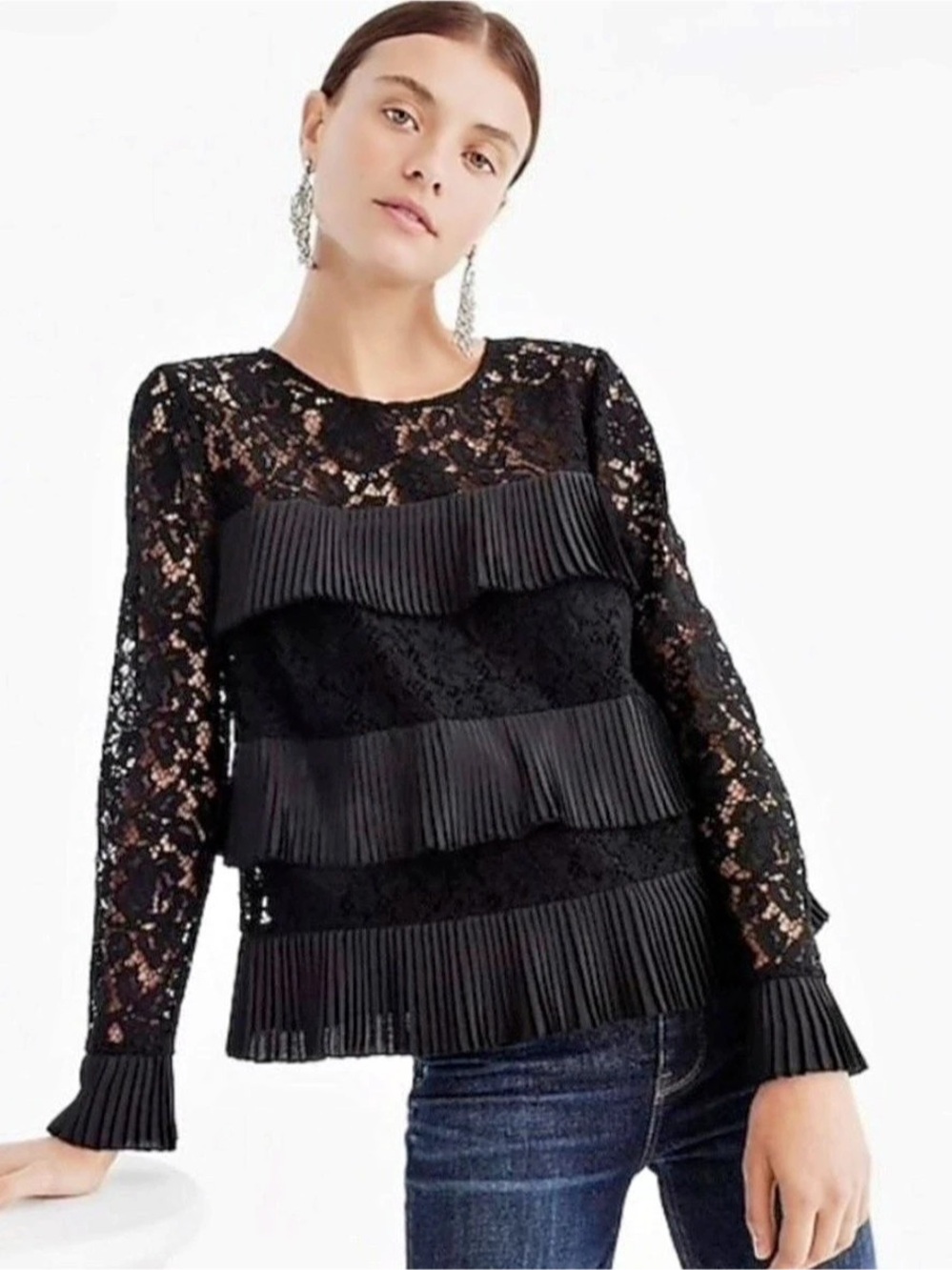 J.Crew Ruffle Pleated Tiered Blouse in Black Lace